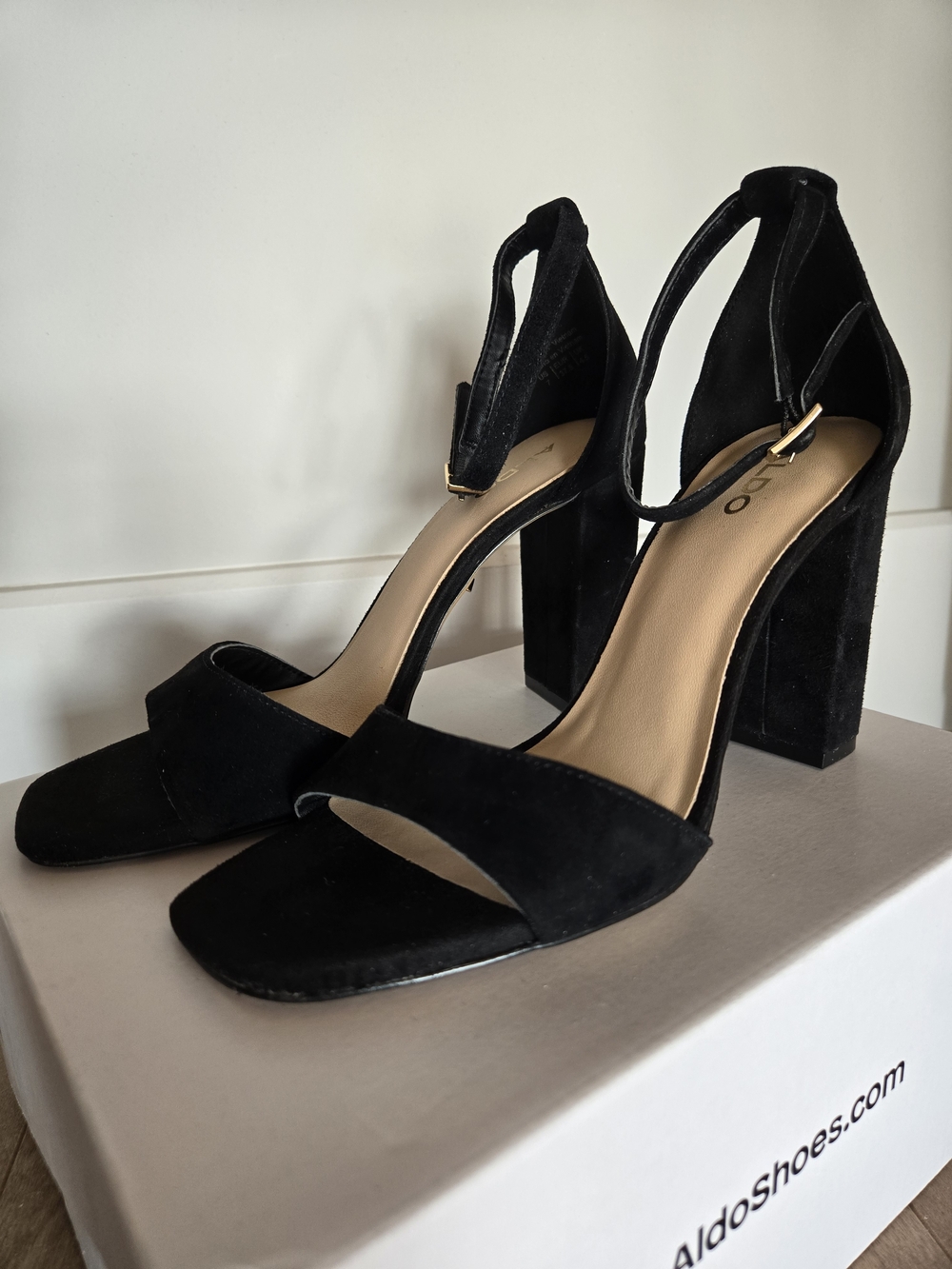 ALDO Enaegyn Black Suede Block Heel Ankle-Strap Sandals